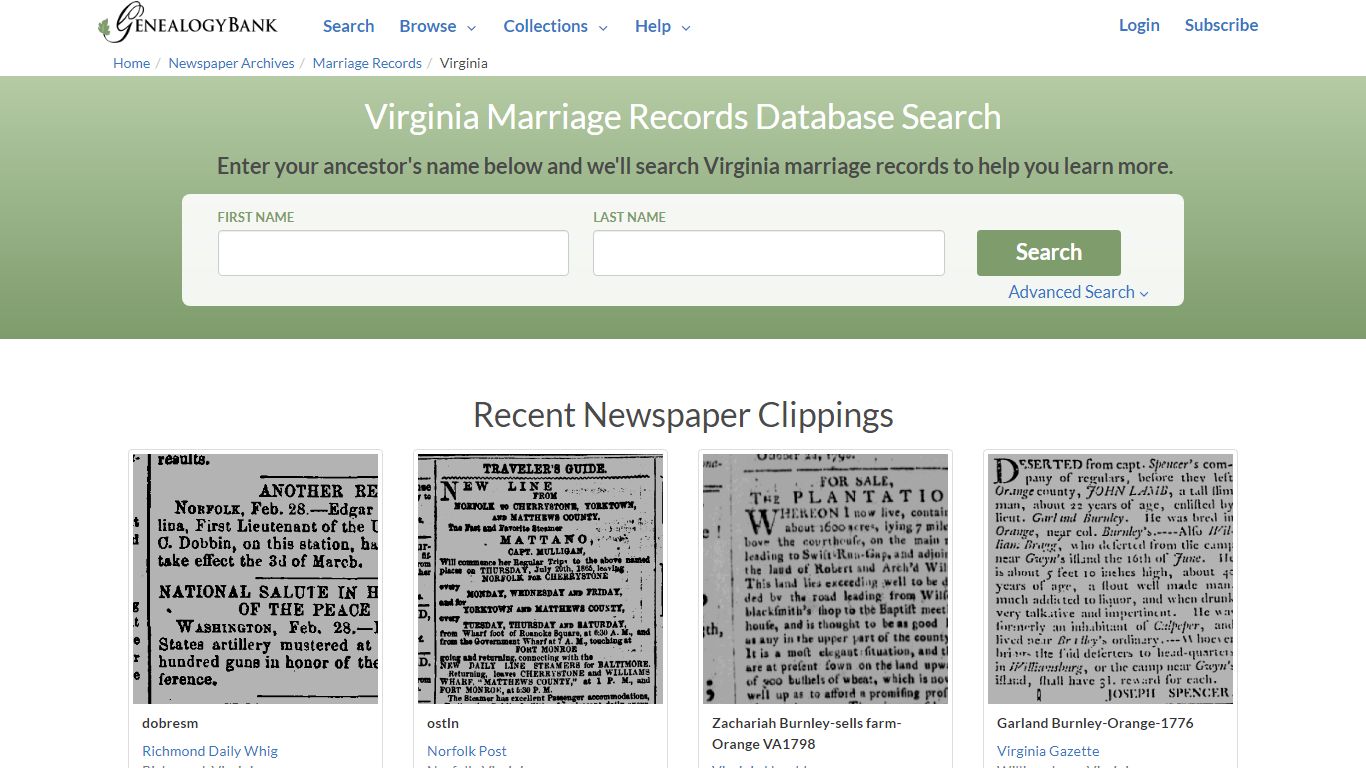 Public Marriage Records in Virginia | GenealogyBank